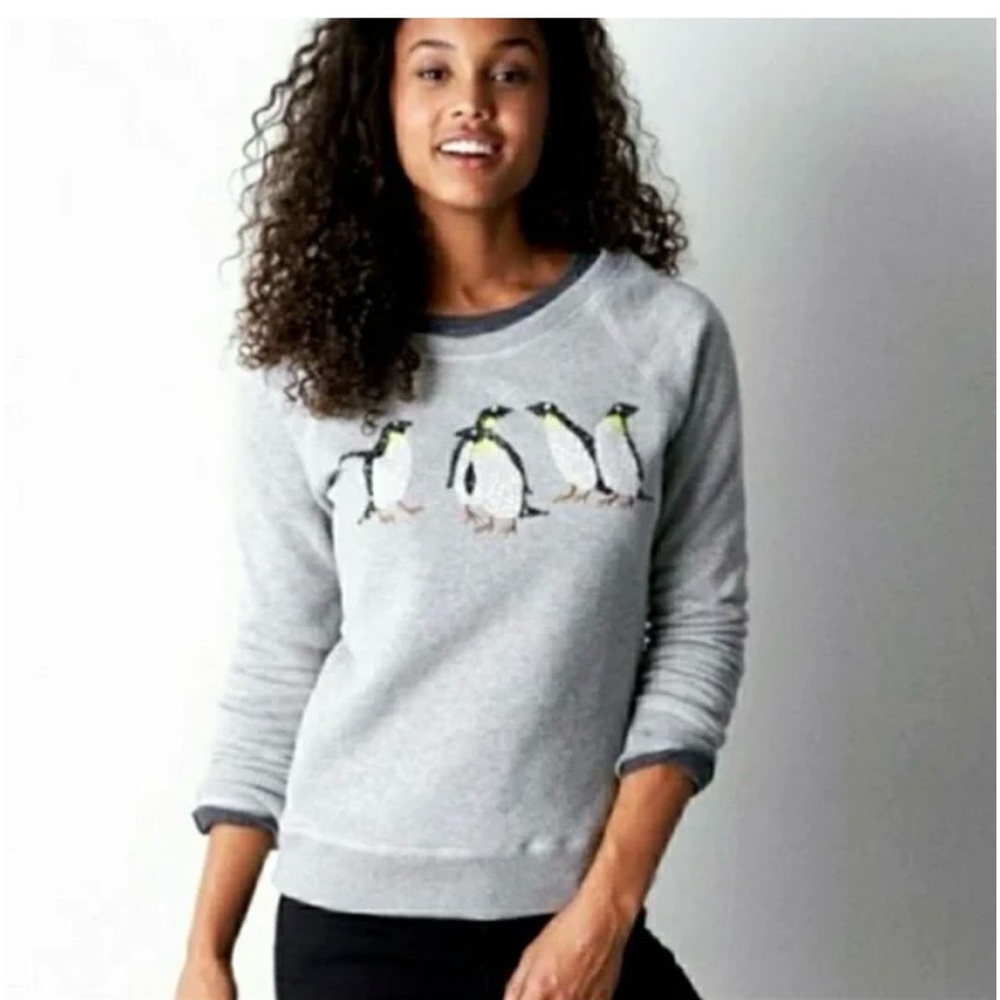 American Eagle Grey Sequin Penguins Sweatshirt Size Large